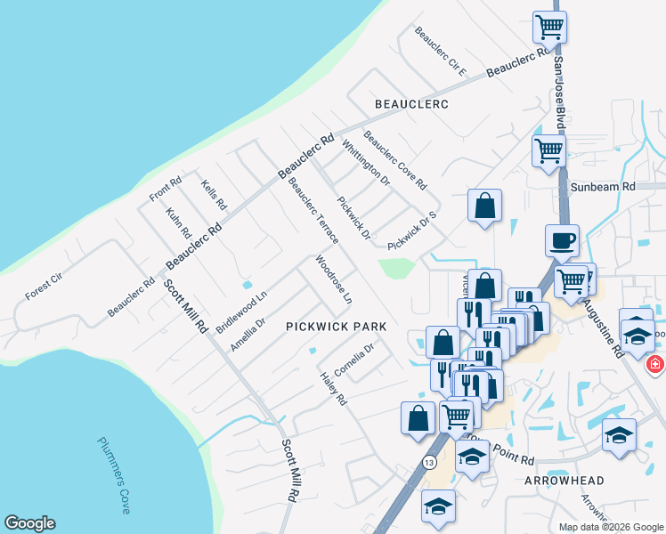 map of restaurants, bars, coffee shops, grocery stores, and more near 9771 Woodrose Lane in Jacksonville