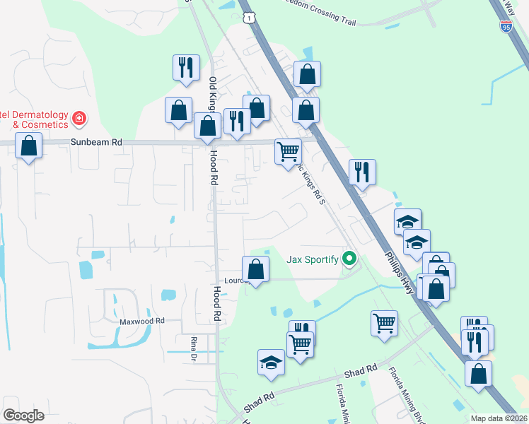 map of restaurants, bars, coffee shops, grocery stores, and more near 5049 Sundrop Way in Jacksonville
