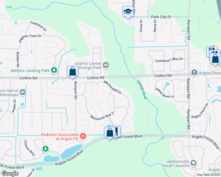 map of restaurants, bars, coffee shops, grocery stores, and more near 8010 Bagpipe Lane in Jacksonville