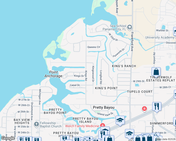 map of restaurants, bars, coffee shops, grocery stores, and more near 2934 Kings Road in Panama City