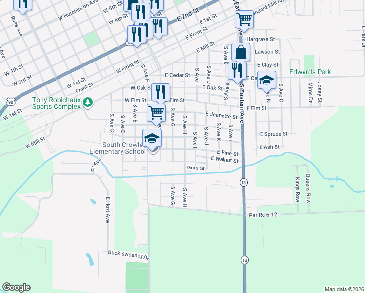 map of restaurants, bars, coffee shops, grocery stores, and more near 215 East Pine Street in Crowley