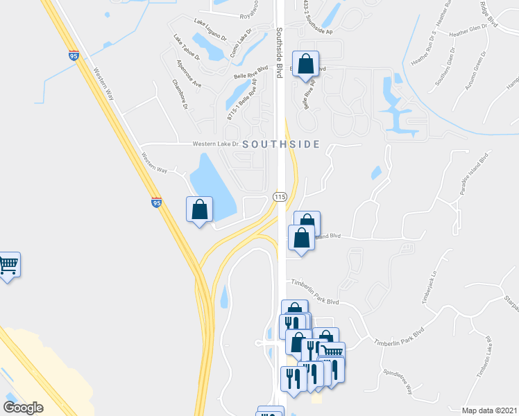 map of restaurants, bars, coffee shops, grocery stores, and more near 9133 Western Way in Jacksonville