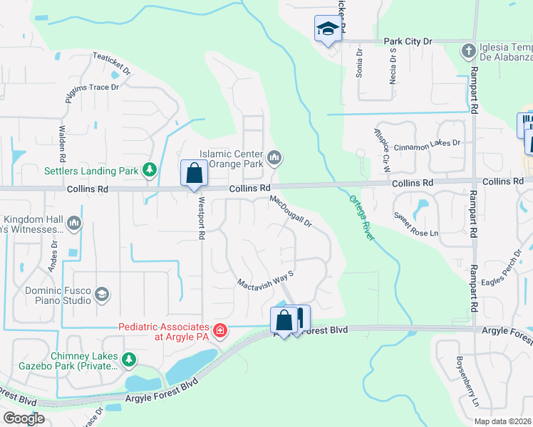 map of restaurants, bars, coffee shops, grocery stores, and more near 8025 Bannockburn Drive in Jacksonville