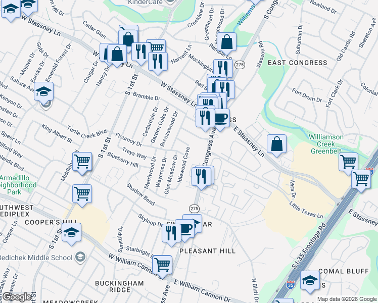 map of restaurants, bars, coffee shops, grocery stores, and more near 208 Flournoy Drive in Austin