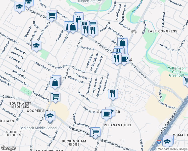 map of restaurants, bars, coffee shops, grocery stores, and more near 310A Flournoy Drive in Austin