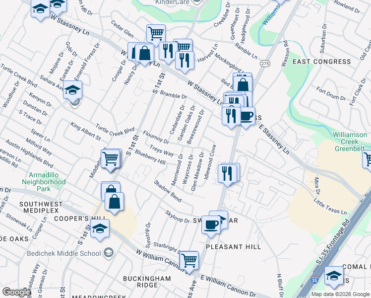 map of restaurants, bars, coffee shops, grocery stores, and more near 317 Flournoy Drive in Austin