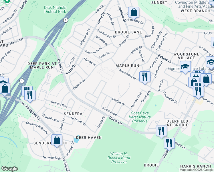 map of restaurants, bars, coffee shops, grocery stores, and more near 8708 Corran Ferry Drive in Austin