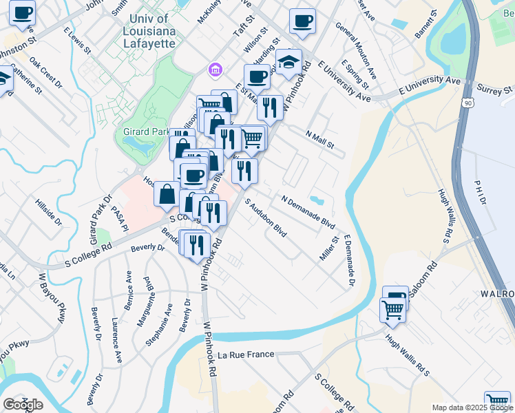 map of restaurants, bars, coffee shops, grocery stores, and more near 131 South Audubon Boulevard in Lafayette