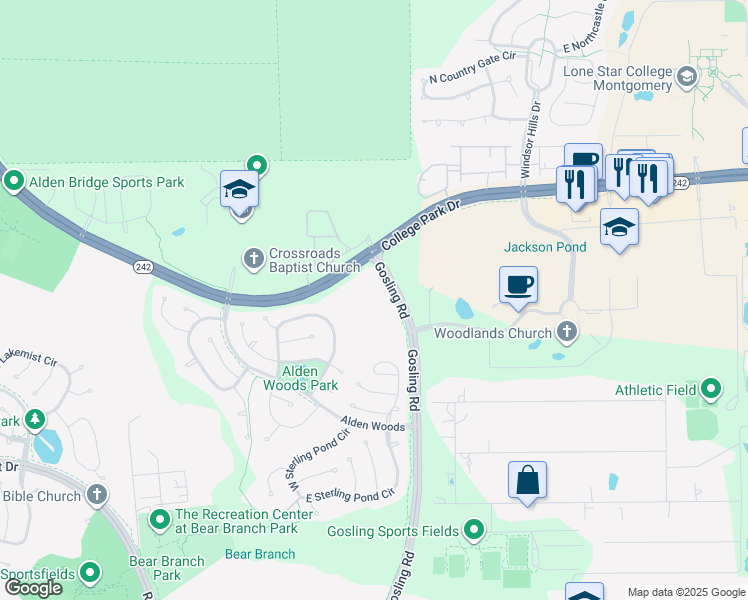 map of restaurants, bars, coffee shops, grocery stores, and more near 7575 Gosling Road in The Woodlands