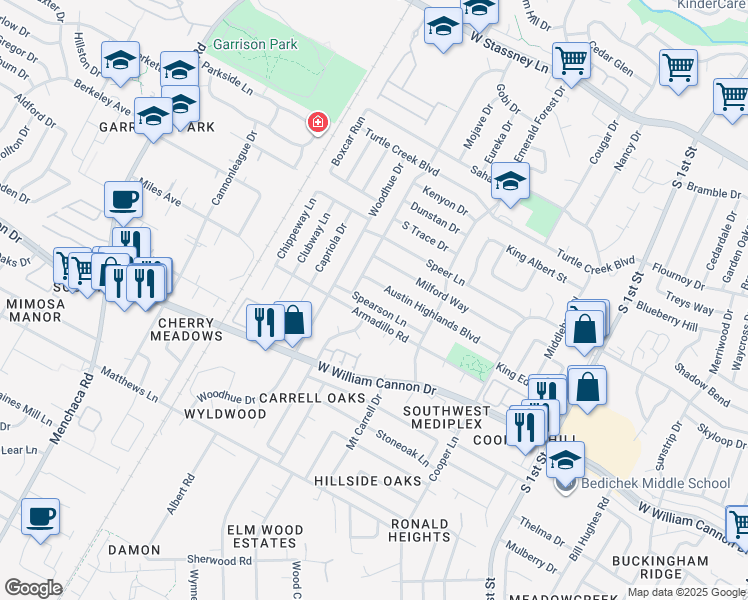 map of restaurants, bars, coffee shops, grocery stores, and more near 1208 Spearson Lane in Austin
