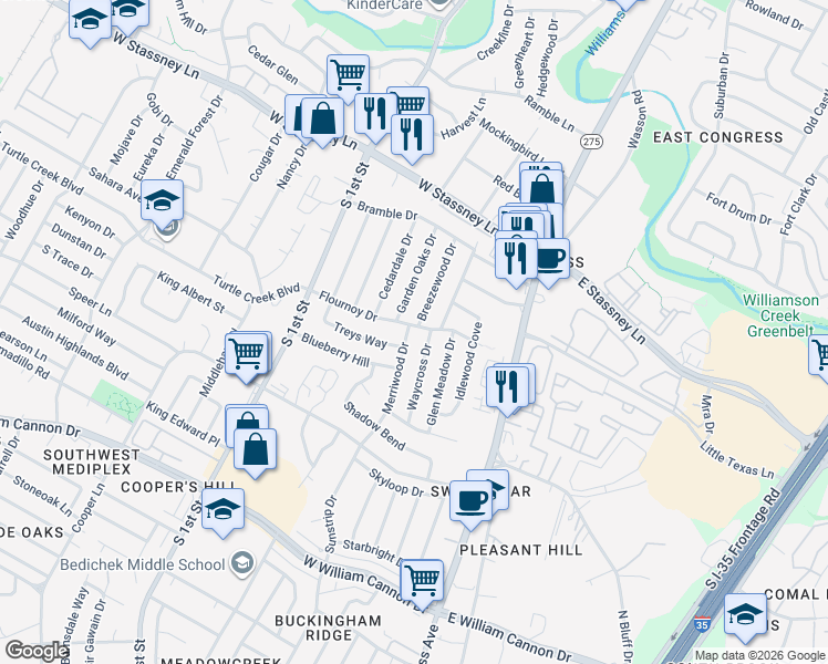 map of restaurants, bars, coffee shops, grocery stores, and more near 317 Flournoy Drive in Austin