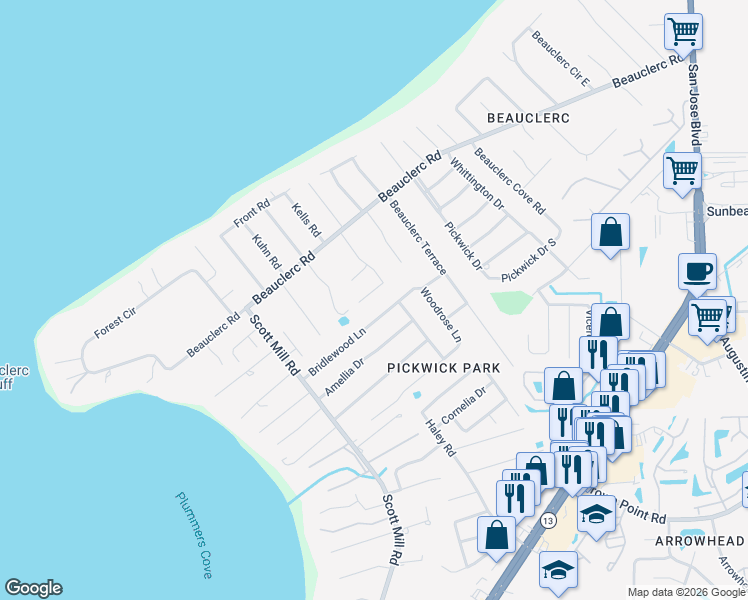 map of restaurants, bars, coffee shops, grocery stores, and more near 3026 Beauclerc Oaks Drive South in Jacksonville
