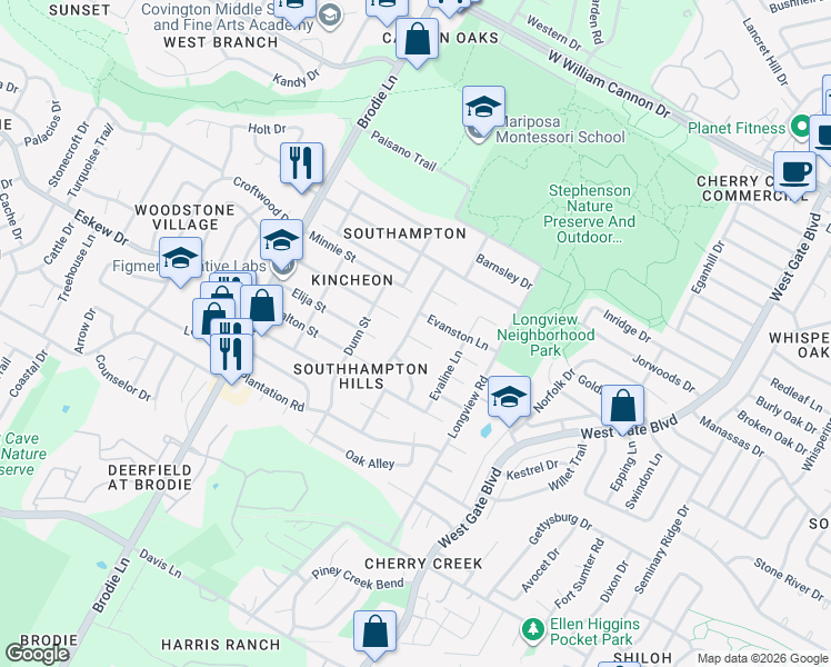 map of restaurants, bars, coffee shops, grocery stores, and more near 3214 Kittyhawk Cove in Austin