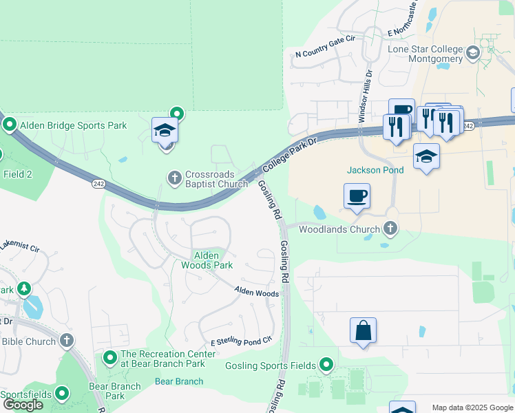 map of restaurants, bars, coffee shops, grocery stores, and more near 7575 Gosling Road in Spring