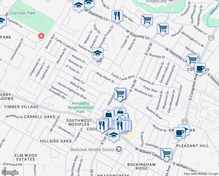 map of restaurants, bars, coffee shops, grocery stores, and more near 806 Eberhart Lane in Austin