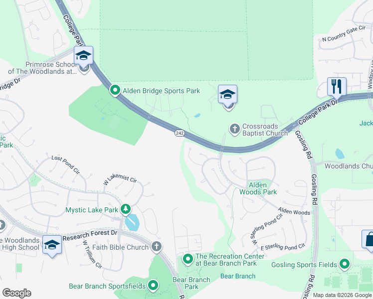 map of restaurants, bars, coffee shops, grocery stores, and more near 35 Shady Pond Place in Spring