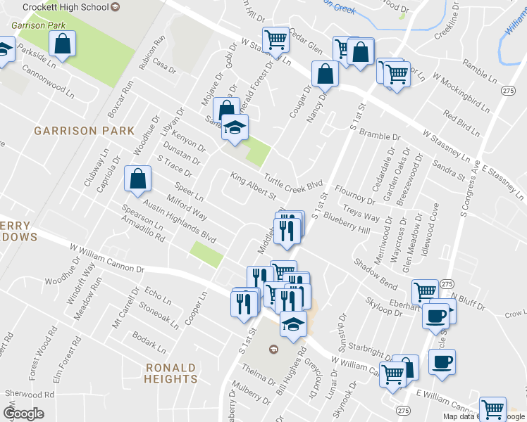 map of restaurants, bars, coffee shops, grocery stores, and more near 806 Eberhart Lane in Austin
