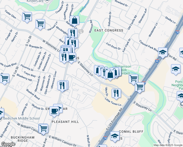 map of restaurants, bars, coffee shops, grocery stores, and more near 494 East Stassney Lane in Austin
