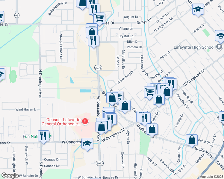 map of restaurants, bars, coffee shops, grocery stores, and more near 308 Knollwood Drive in Lafayette