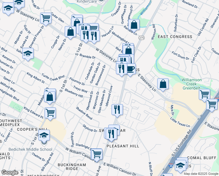 map of restaurants, bars, coffee shops, grocery stores, and more near 208 Flournoy Drive in Austin