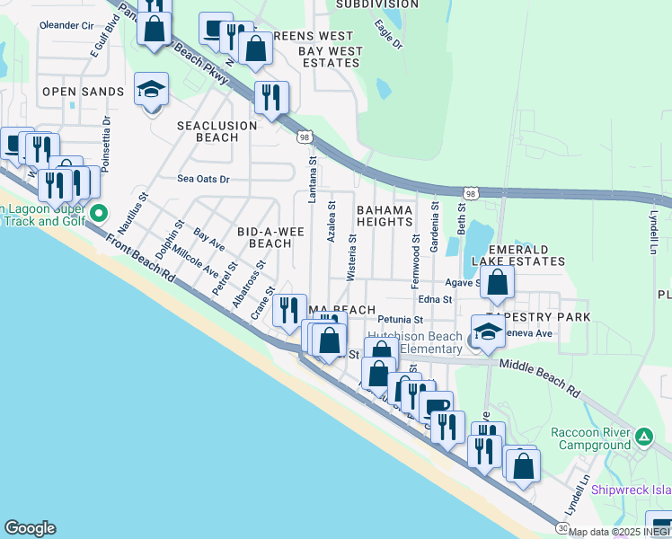 map of restaurants, bars, coffee shops, grocery stores, and more near 409 Azalea Street in Panama City