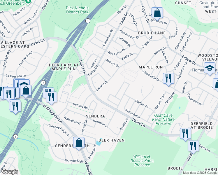 map of restaurants, bars, coffee shops, grocery stores, and more near 4428 Davis Lane in Austin