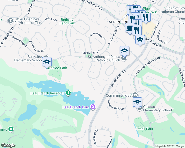 map of restaurants, bars, coffee shops, grocery stores, and more near 19 Flintshire Place in Spring