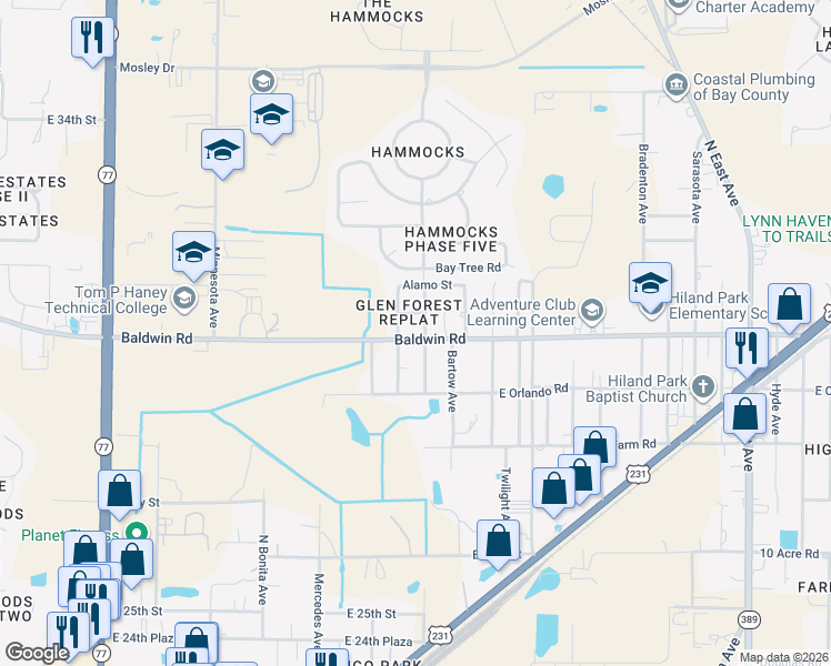 map of restaurants, bars, coffee shops, grocery stores, and more near 2039 East Baldwin Road in Panama City