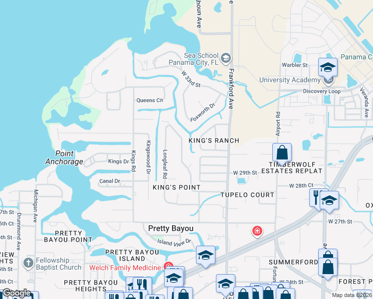 map of restaurants, bars, coffee shops, grocery stores, and more near 2871 Tupelo Drive in Panama City