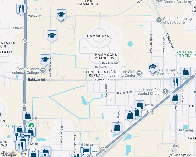 map of restaurants, bars, coffee shops, grocery stores, and more near 2039 East Baldwin Road in Panama City