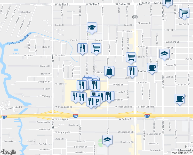 map of restaurants, bars, coffee shops, grocery stores, and more near 2915 Hazel St in Lake Charles