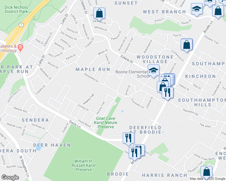 map of restaurants, bars, coffee shops, grocery stores, and more near 4007 Alexandria Drive in Austin