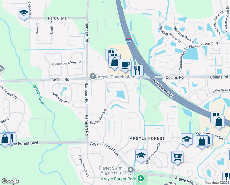 map of restaurants, bars, coffee shops, grocery stores, and more near 7063 Swamp Flower Lane in Jacksonville
