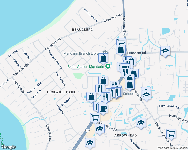 map of restaurants, bars, coffee shops, grocery stores, and more near 3381 North Viceroy Drive in Jacksonville