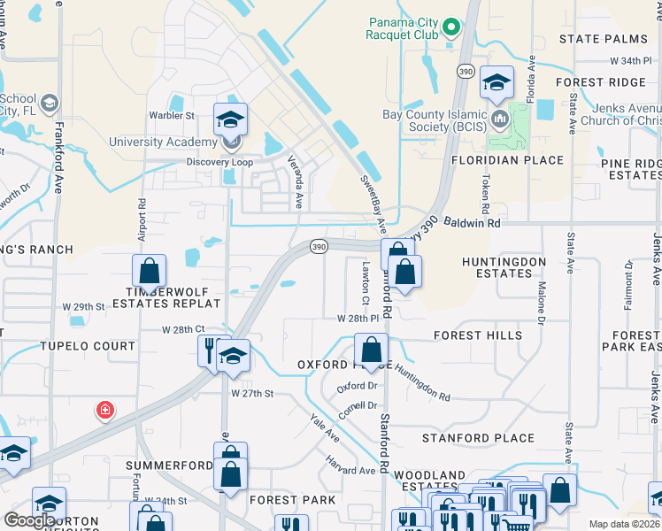 map of restaurants, bars, coffee shops, grocery stores, and more near 3108 Lanny Ln in Panama City