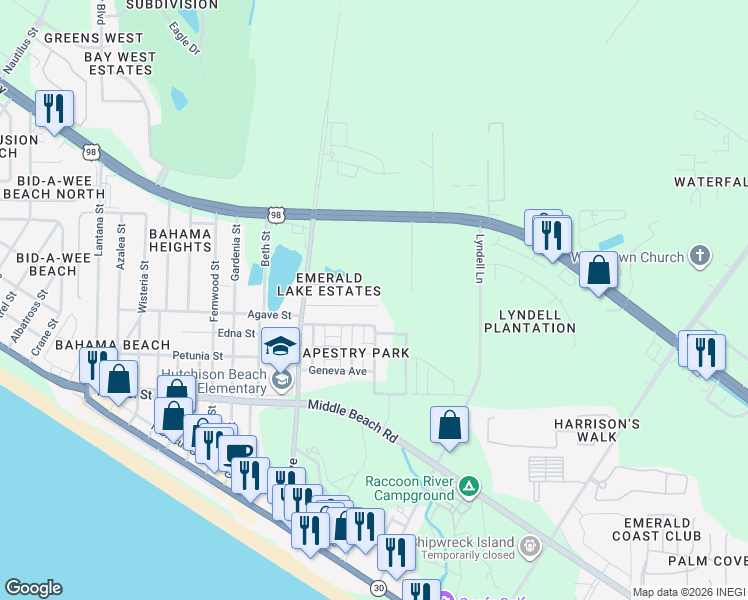 map of restaurants, bars, coffee shops, grocery stores, and more near 12426 Erin Lea Lane in Panama City Beach