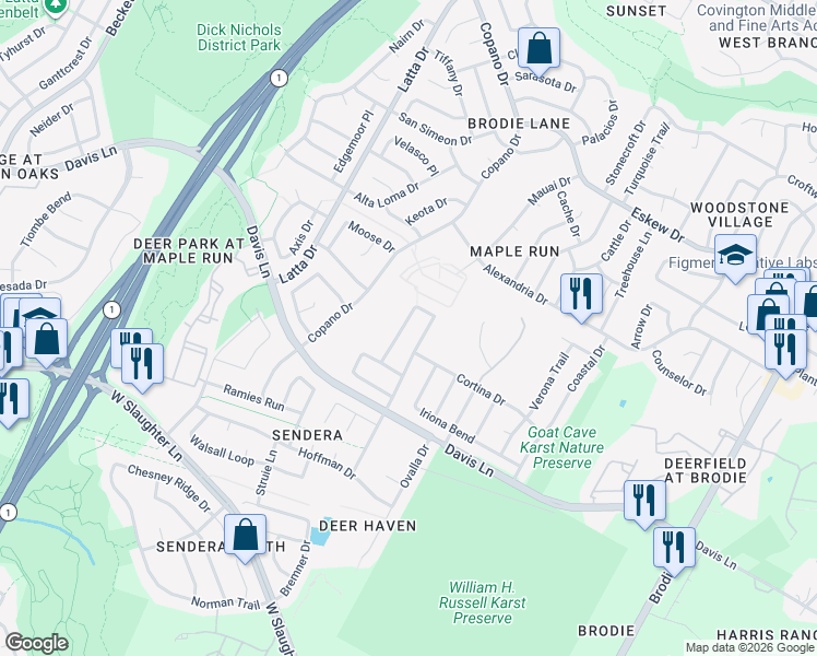 map of restaurants, bars, coffee shops, grocery stores, and more near 8708 Corran Ferry Drive in Austin