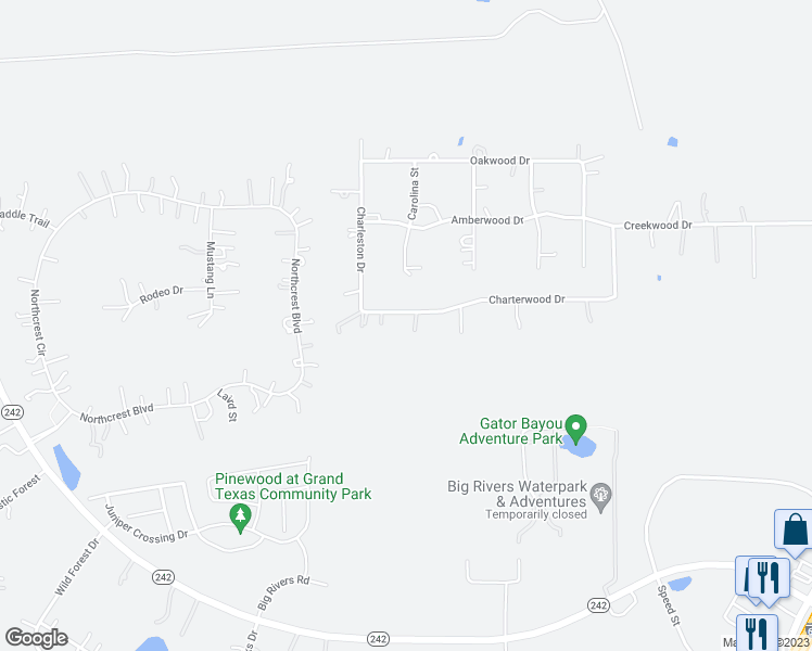 map of restaurants, bars, coffee shops, grocery stores, and more near 23344 Charterwood Drive in Splendora