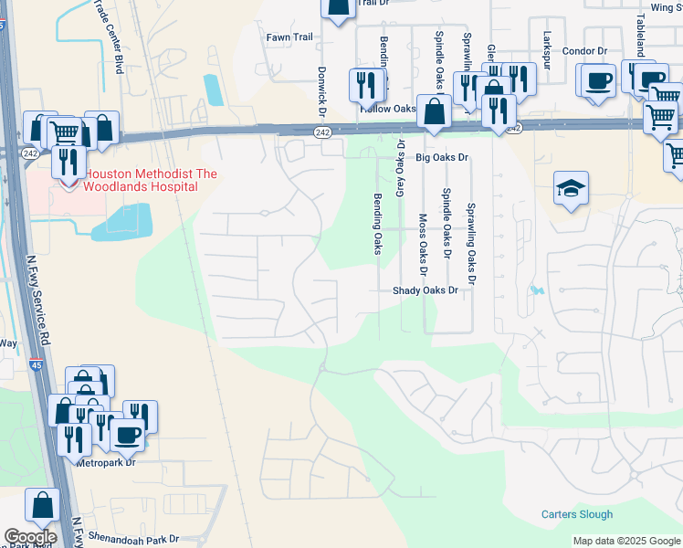 map of restaurants, bars, coffee shops, grocery stores, and more near 8231 Horsetail Court in Conroe