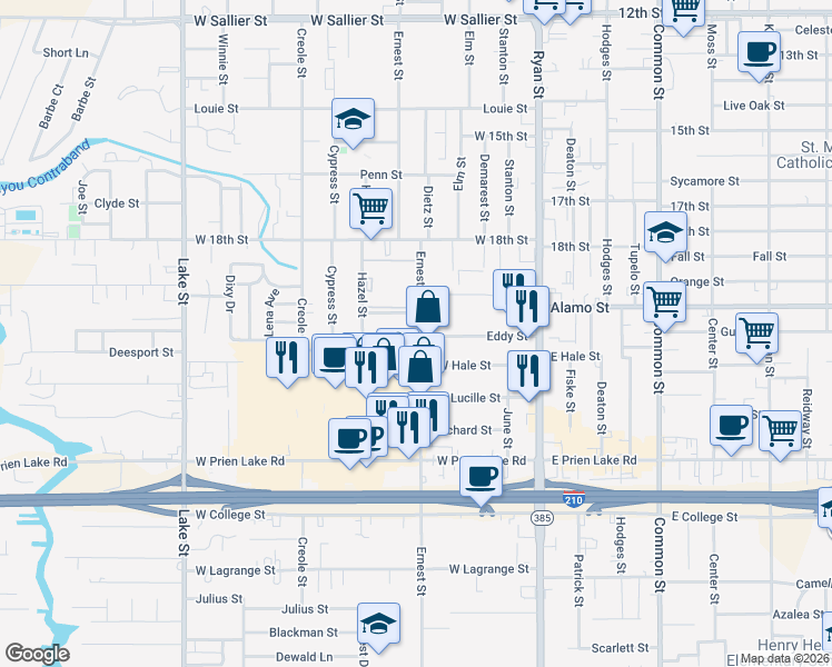 map of restaurants, bars, coffee shops, grocery stores, and more near 2916 Ernest Street in Lake Charles