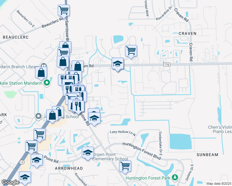 map of restaurants, bars, coffee shops, grocery stores, and more near 4112 Hollister Place in Jacksonville