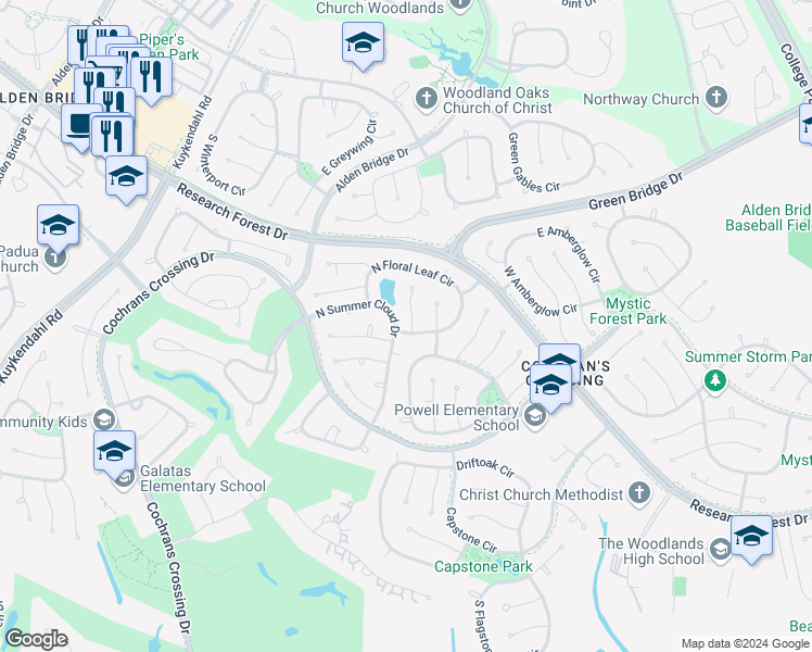 map of restaurants, bars, coffee shops, grocery stores, and more near 3 Thornbush Place in Spring