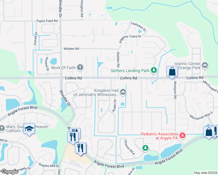map of restaurants, bars, coffee shops, grocery stores, and more near 7658 Collins Ridge Boulevard in Jacksonville