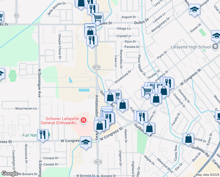 map of restaurants, bars, coffee shops, grocery stores, and more near 509 Strasbourg Drive in Lafayette