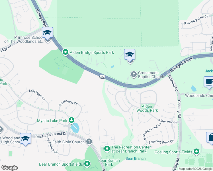map of restaurants, bars, coffee shops, grocery stores, and more near 35 Shady Pond Place in Spring