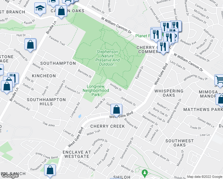 map of restaurants, bars, coffee shops, grocery stores, and more near 2904 Jorwoods Drive in Austin