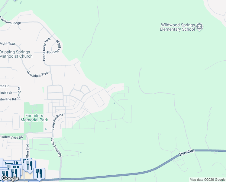 map of restaurants, bars, coffee shops, grocery stores, and more near Cannon Ranch Road in Dripping Springs