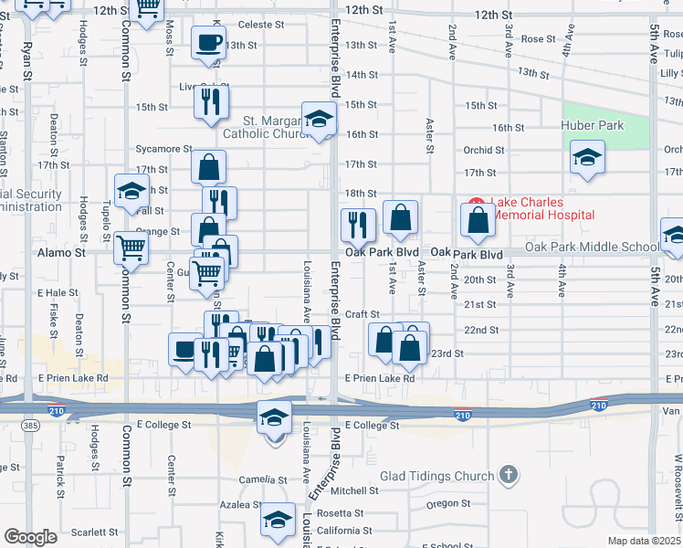 map of restaurants, bars, coffee shops, grocery stores, and more near 2915 Enterprise Boulevard in Lake Charles