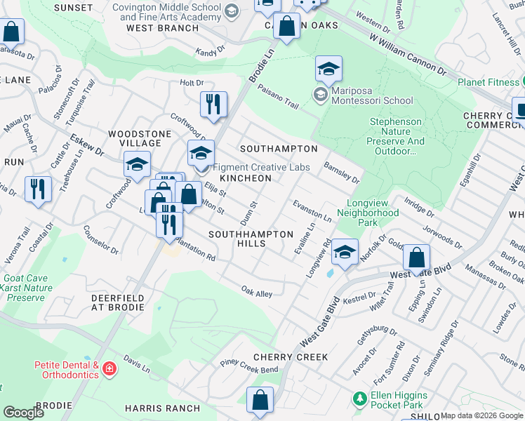 map of restaurants, bars, coffee shops, grocery stores, and more near 3306 Elija Street in Austin