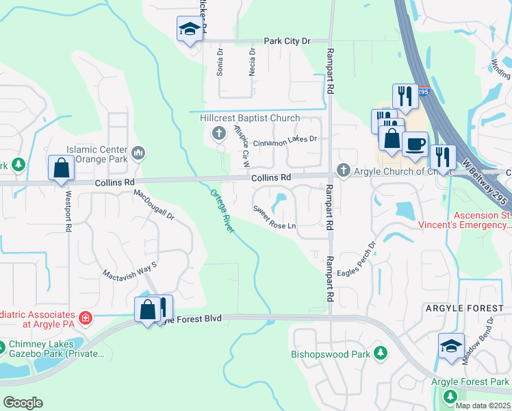 map of restaurants, bars, coffee shops, grocery stores, and more near 7945 Amandas Crossing Drive West in Jacksonville